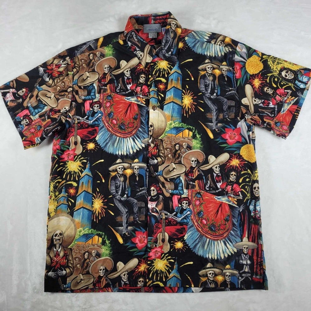 Vintage High Seas Trading Co Button Up Shirt‎ Men's Medium Black Hawaiian Skull
